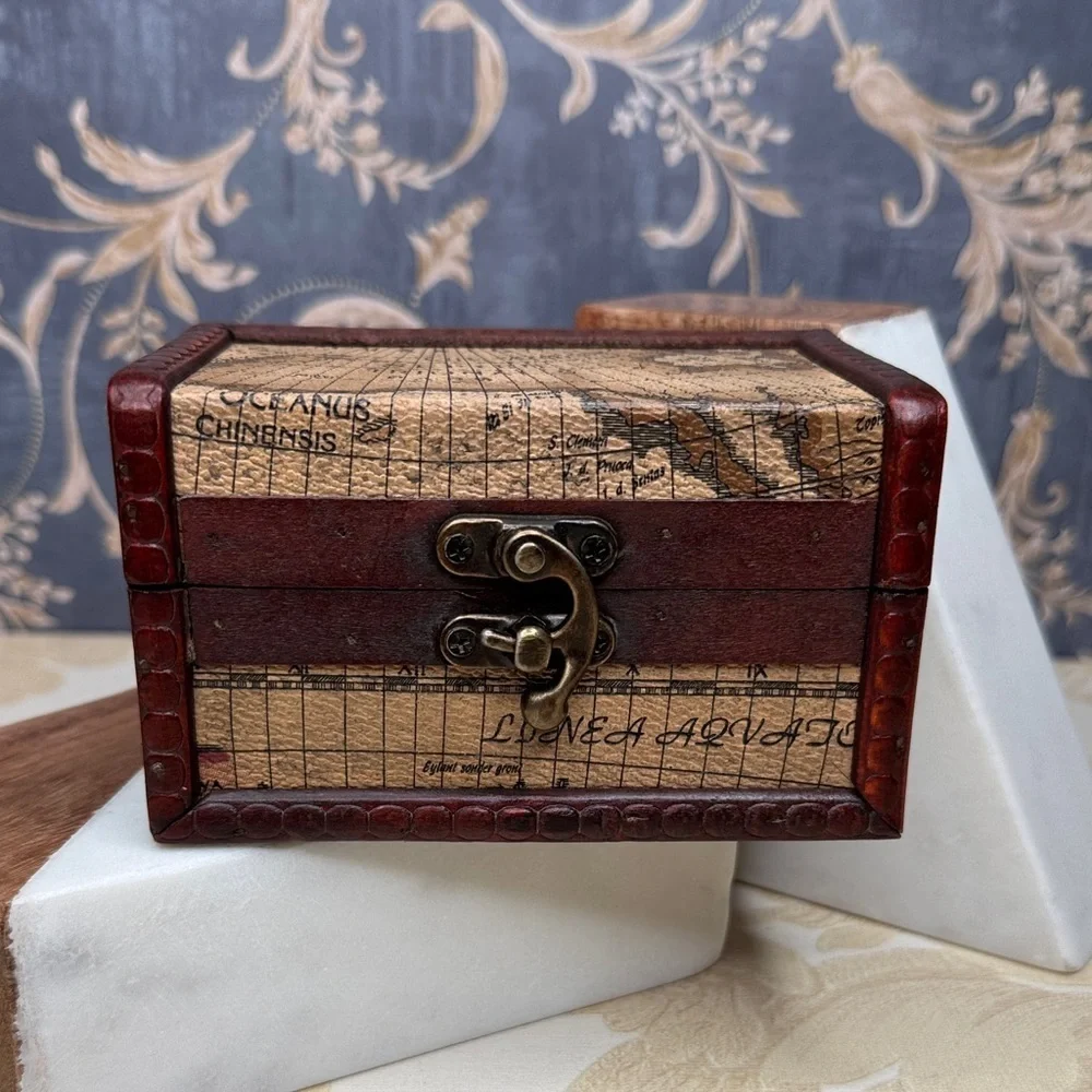 Vintage Map Design Wooden and Brass Storage Box